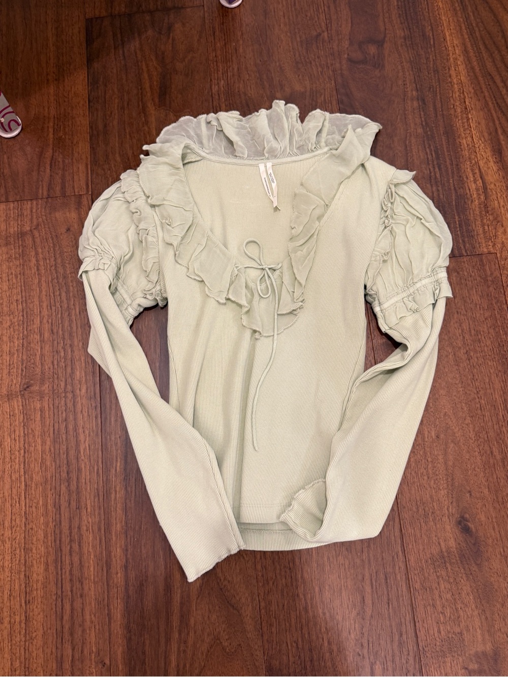 Anthropologie Sage Green Ruffle-Trim Tie-Front Blouse